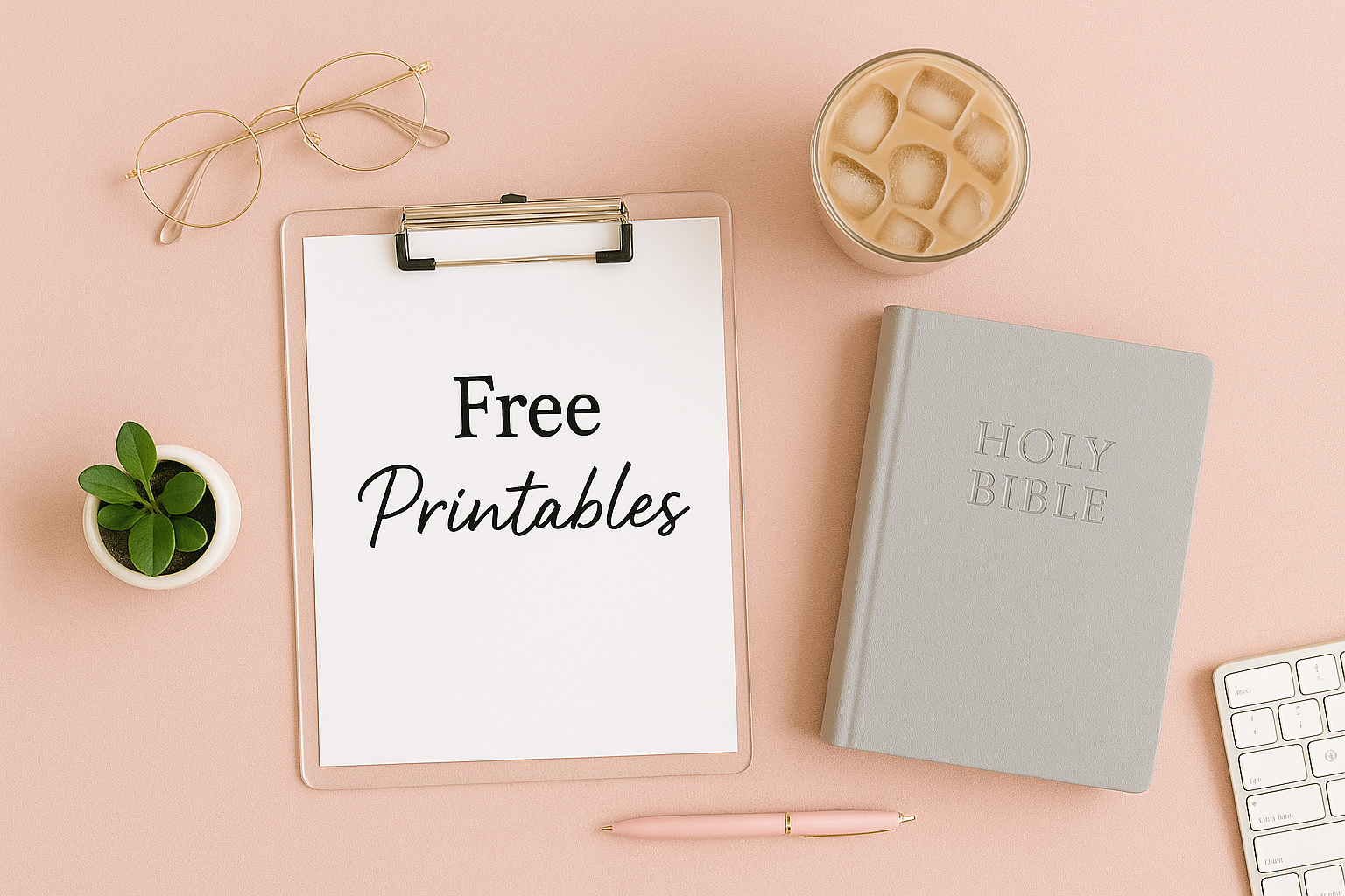 Sheet on clipboard "free printables" on a pink desk with iced coffee, bib,e glasses, pen, plant, and a keyboard