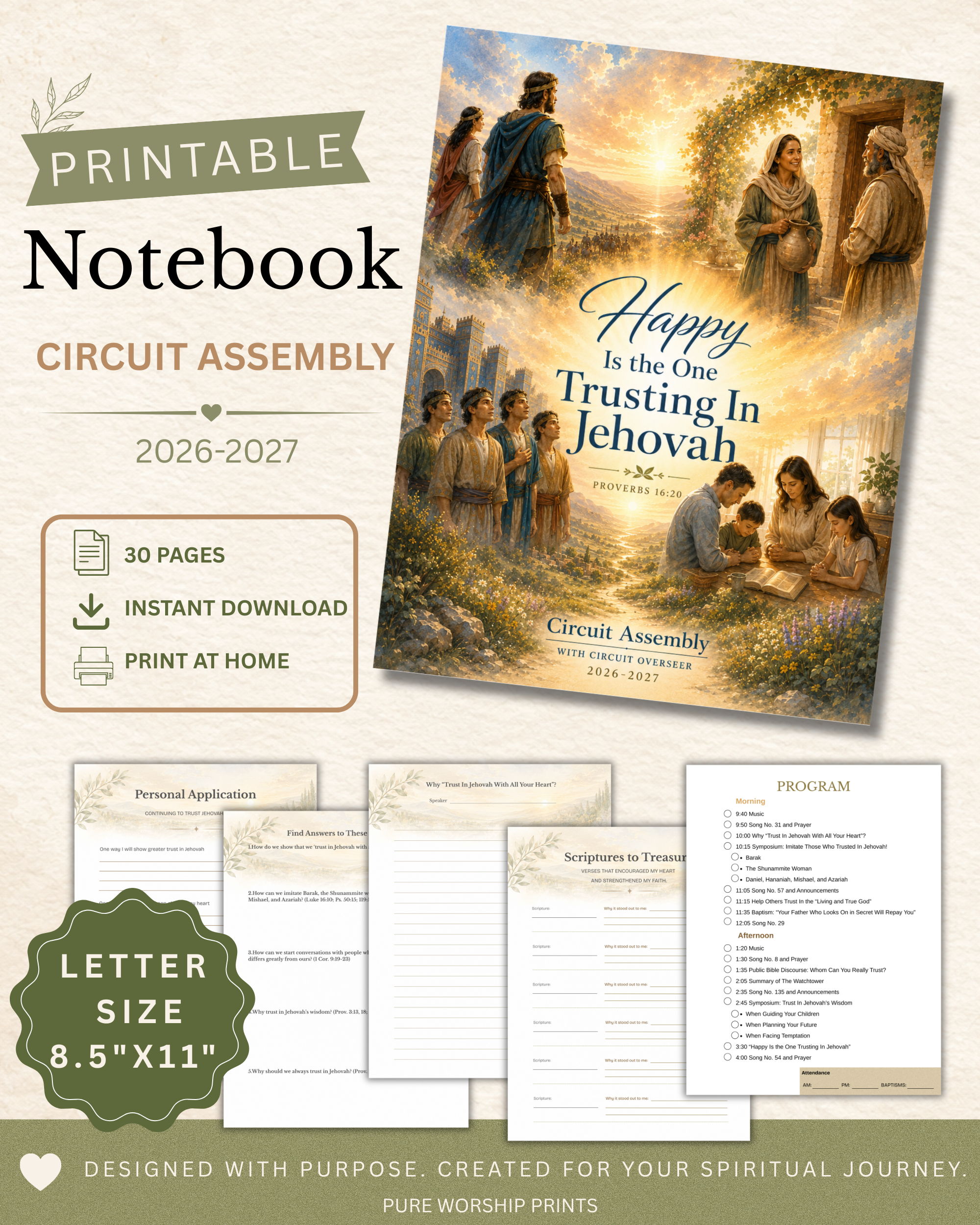 Happy Is the One Trusting in Jehovah printable notebook for the 2026–2027 Circuit Assembly with guided note pages.