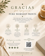 Página de agradecimiento de Pure Worship Prints con información sobre soporte, descargas y recursos adicionales.