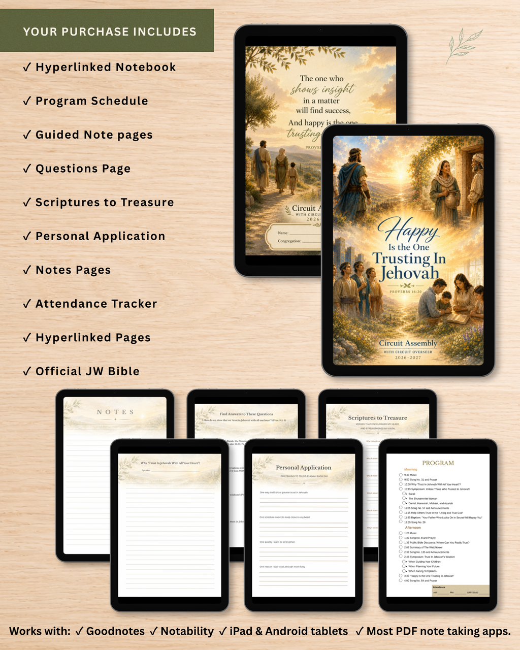 Promotional graphic for a digital Bible study bundle showing multiple tablet and phone mockups displaying scripture pages and a notebook page, with a checklist of included features on a light wood background.