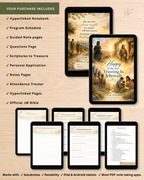 Promotional graphic for a digital Bible study bundle showing multiple tablet and phone mockups displaying scripture pages and a notebook page, with a checklist of included features on a light wood background.