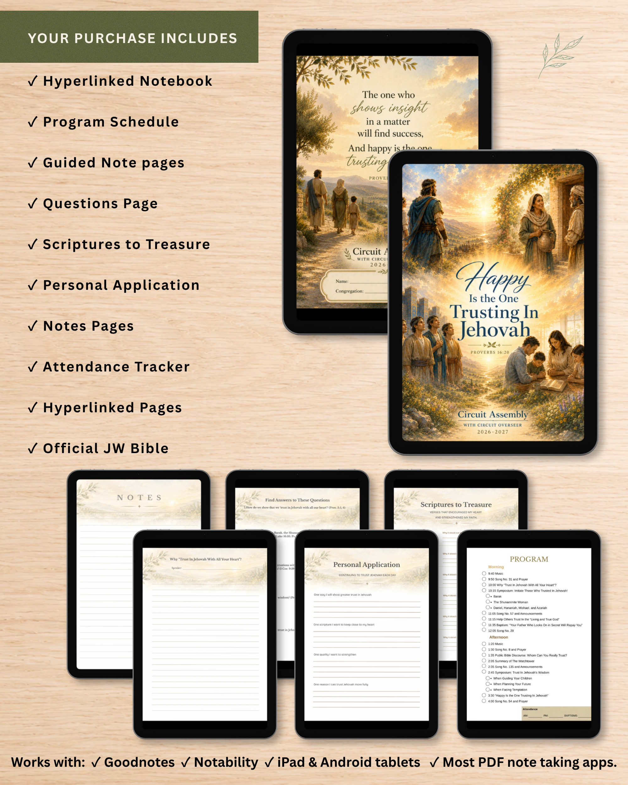 Promotional graphic for a digital Bible study bundle showing multiple tablet and phone mockups displaying scripture pages and a notebook page, with a checklist of included features on a light wood background.