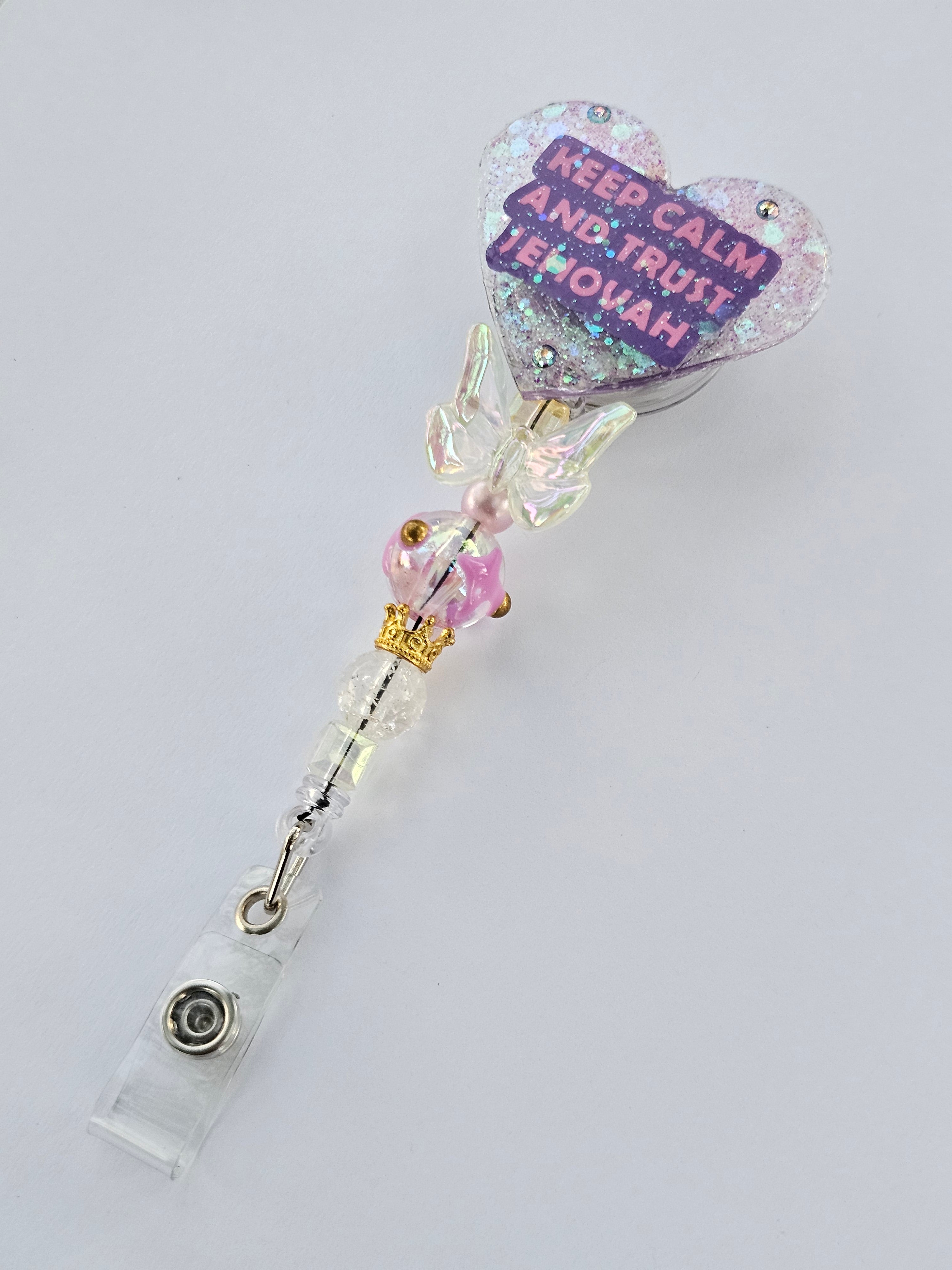 Keep Calm and Trust Jehovah | Handmade JW Badge Reel – Glitter Resin | Inspirational Ministry Accessory
