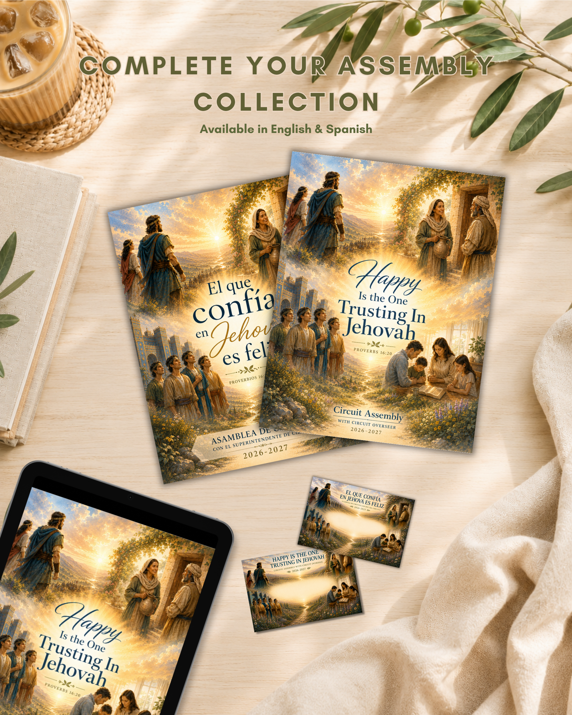 Matching Happy Is the One Trusting in Jehovah Circuit Assembly collection featuring digital notebooks, printables, name tags, and children's activity books.