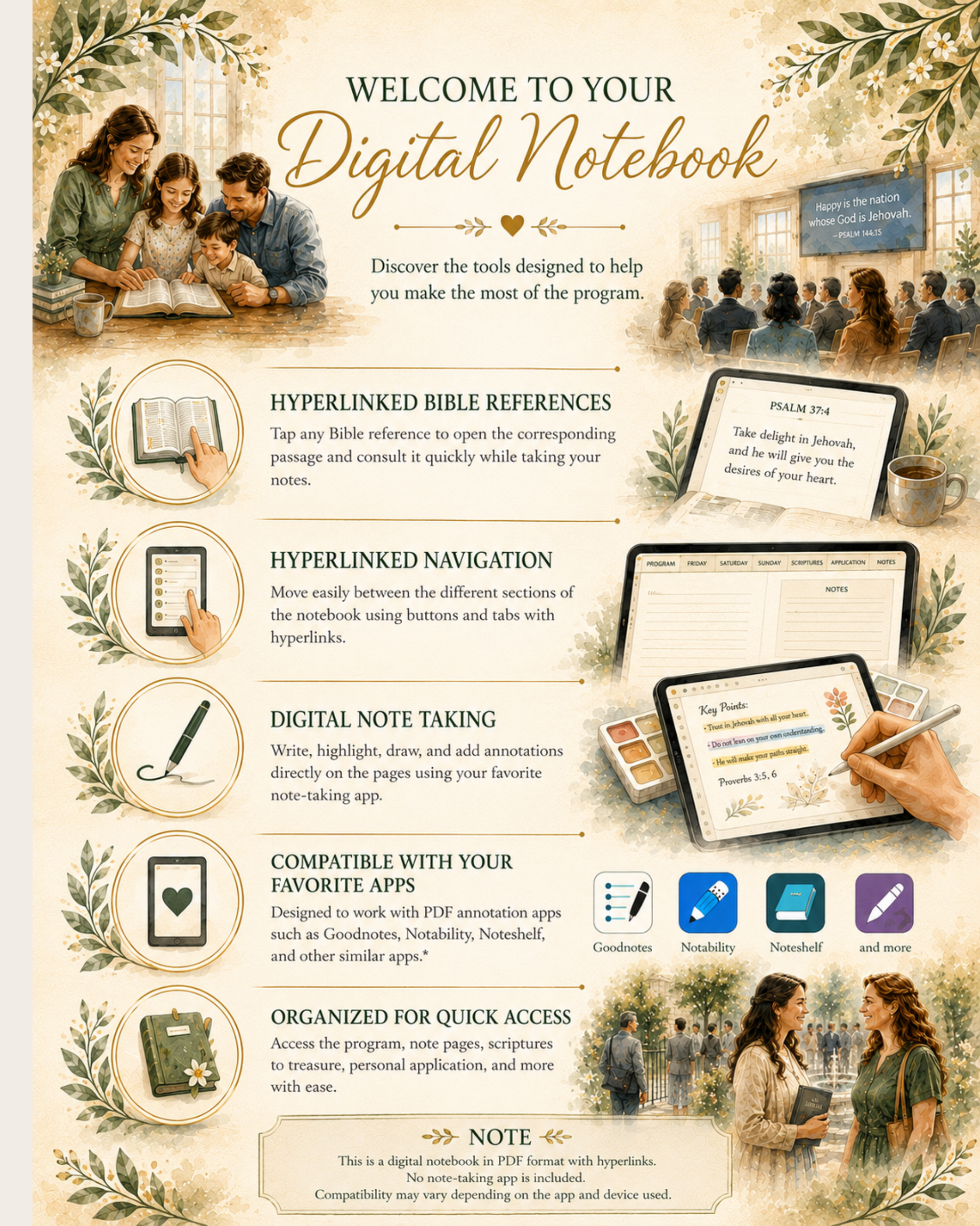 A promotional graphic for a digital Bible study notebook, featuring a cream and tan background with decorative botanical borders. The layout includes text callouts describing features like hyperlinked Bible references, digital note taking, compatibility with Notion and Google Sheets, and sample screenshots of the digital interface.