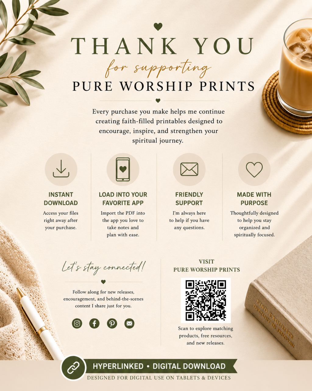 Thank you graphic for Pure Worship Prints with instant download information and customer support details.