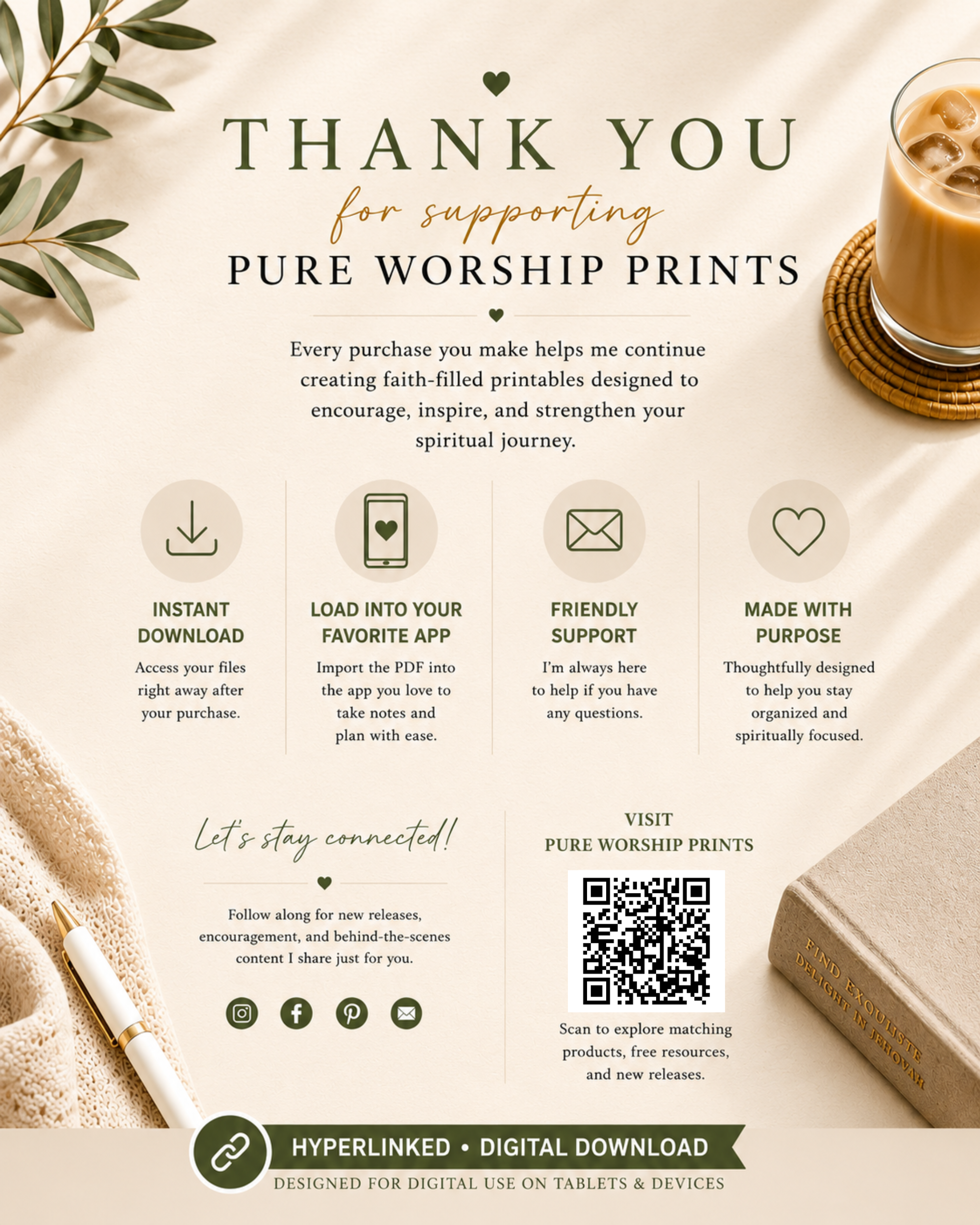 Thank you graphic for Pure Worship Prints with instant download information and customer support details.