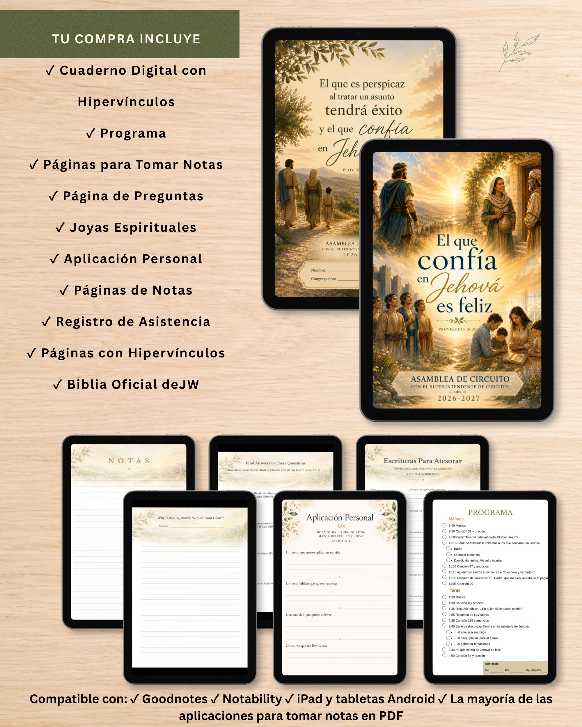 Cuaderno digital con hipervínculos que incluye programa, páginas de notas, registro de asistencia y navegación rápida.