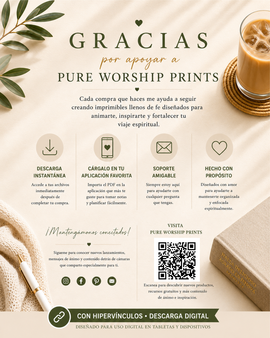 Tarjeta de agradecimiento de Pure Worship Prints con información sobre descargas digitales y atención al cliente.