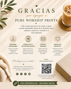 Tarjeta de agradecimiento de Pure Worship Prints con información sobre descargas digitales y atención al cliente.