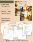 Interior pages showing guided notes, personal application, scriptures, and note-taking layouts. Thirty printable pages including Assembly schedule, notes, scriptures, attendance tracker, and personal application pages.