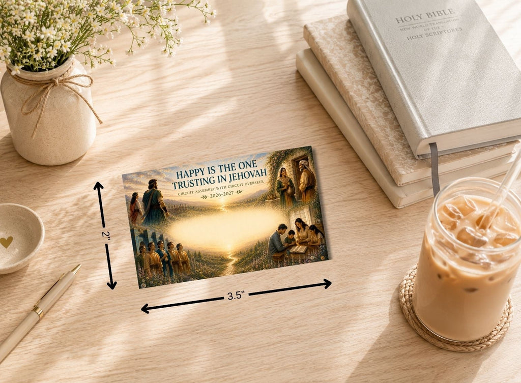 Printable Circuit Assembly name tag measuring 3.5 by 2 inches, designed to fit most standard badge holders.  Printable Assembly name tag displayed with a convention badge holder, lanyard, notebook, and coffee on a wooden desk. Printable PDF name tag for the 2026–2027 Circuit Assembly featuring an elegant faith-inspired design and easy print-at-home convenience.