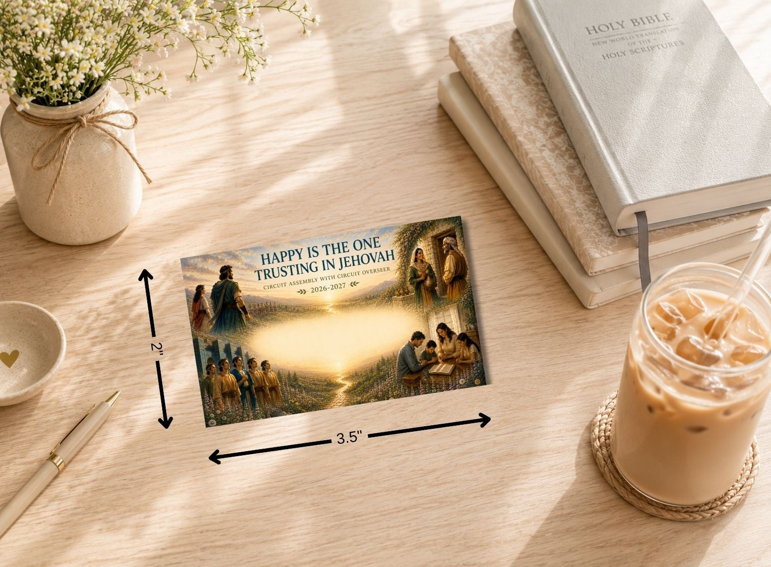 Printable Circuit Assembly name tag measuring 3.5 by 2 inches, designed to fit most standard badge holders.  Printable Assembly name tag displayed with a convention badge holder, lanyard, notebook, and coffee on a wooden desk. Printable PDF name tag for the 2026–2027 Circuit Assembly featuring an elegant faith-inspired design and easy print-at-home convenience.