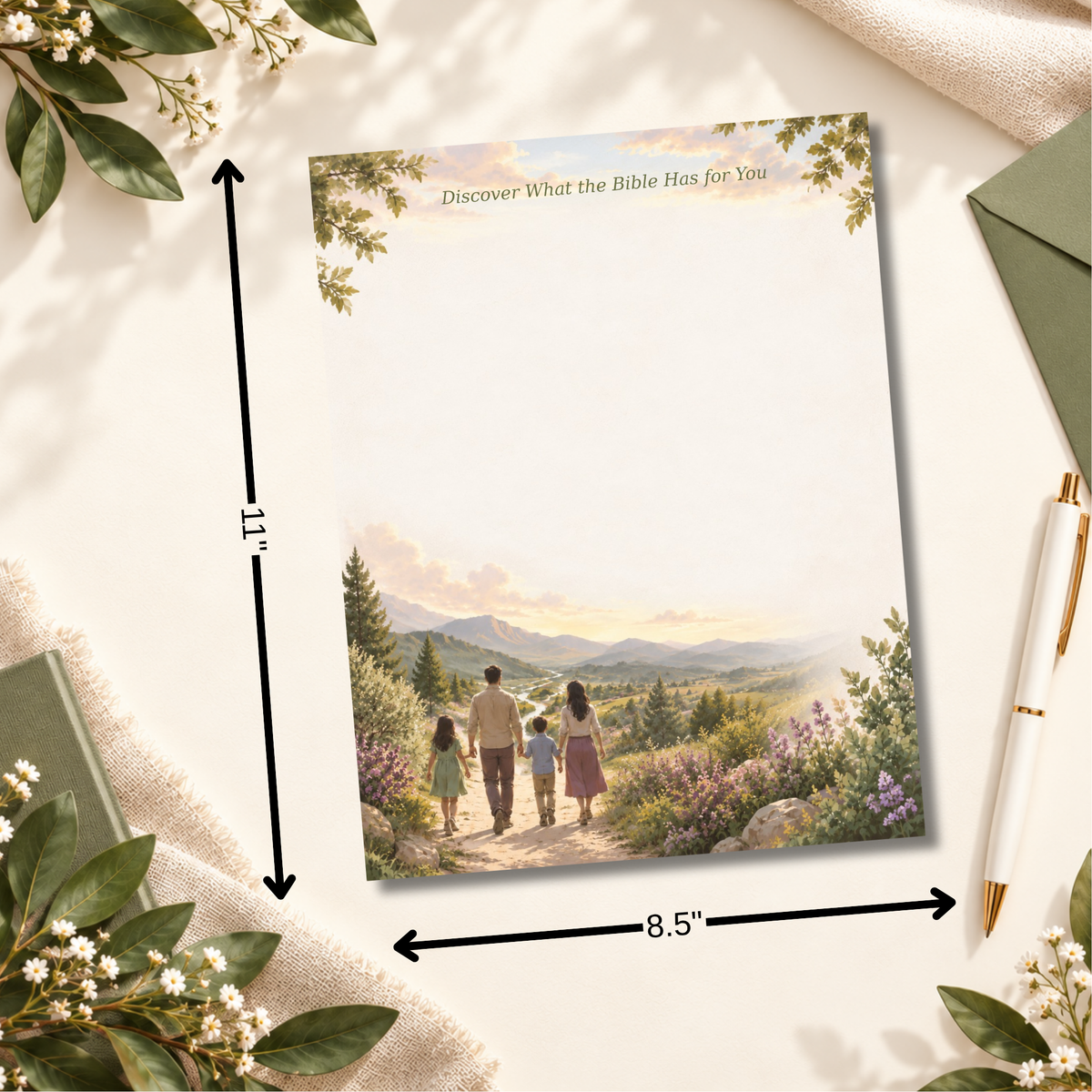 Beautiful nature-inspired design with plenty of space to write a personalized message and invite others to discover what the Bible has to offer. 8.5 × 11 PDF.