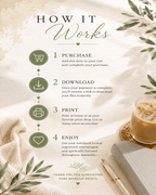 Simple four-step guide showing purchase, instant download, print, and enjoy.