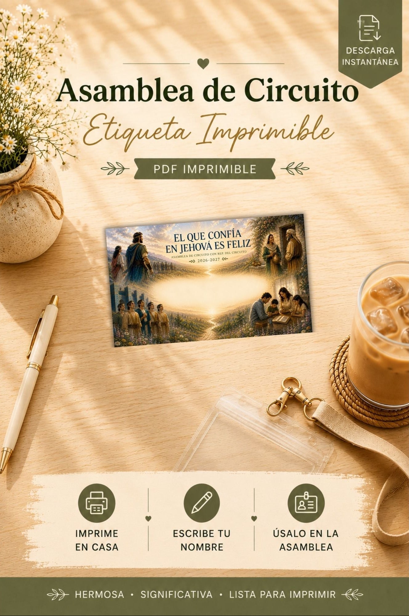 Etiqueta imprimible para gafete de la Asamblea de Circuito 2026–2027 El que Confía en Jehová es Feliz, descarga digital en PDF.