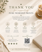 Pure Worship Prints thank-you page featuring customer support, instant downloads, and additional resources.