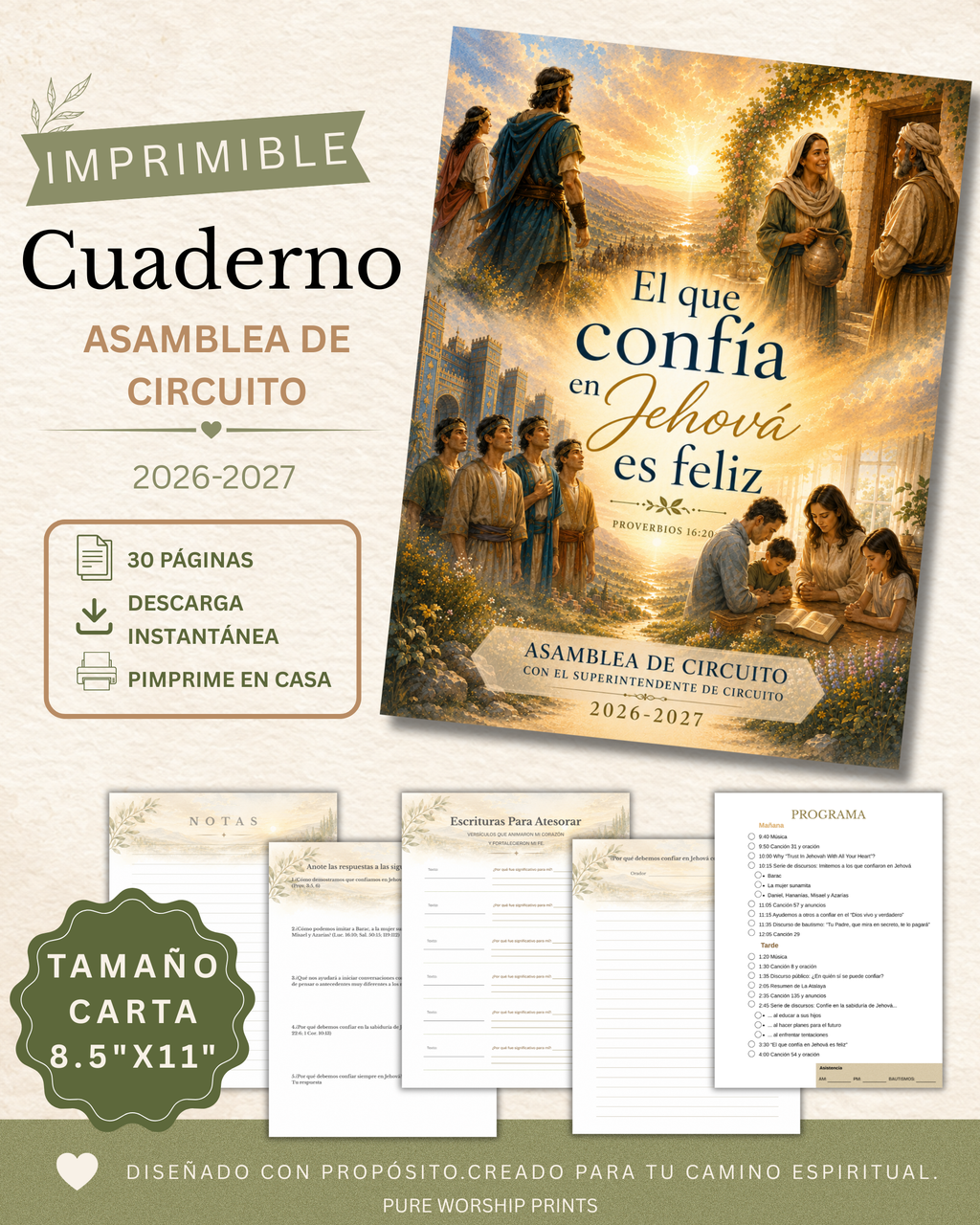 Cuaderno imprimible "El que confía en Jehová es feliz" para la Asamblea de Circuito 2026–2027 con portada en acuarela.