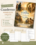Cuaderno imprimible "El que confía en Jehová es feliz" para la Asamblea de Circuito 2026–2027 con portada en acuarela.