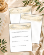 Cuaderno imprimible mostrado en un espacio acogedor con Biblia, café, manta y bolígrafo.