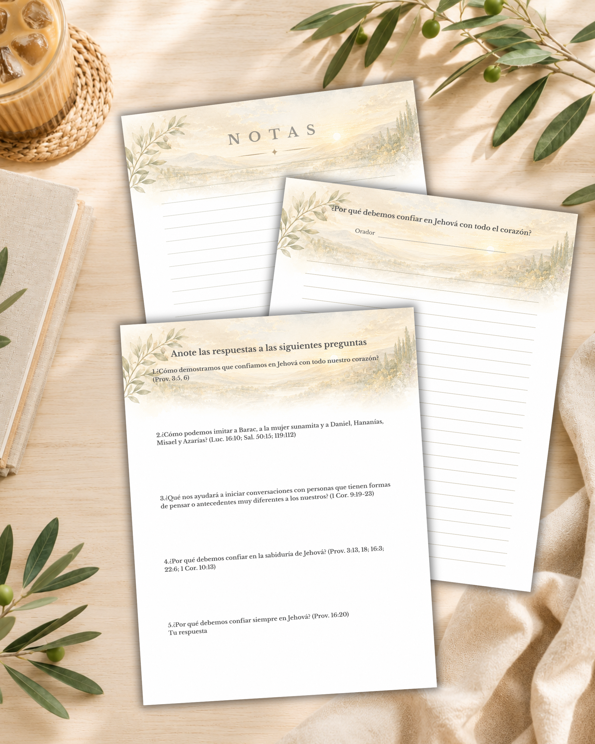 Cuaderno imprimible mostrado en un espacio acogedor con Biblia, café, manta y bolígrafo.