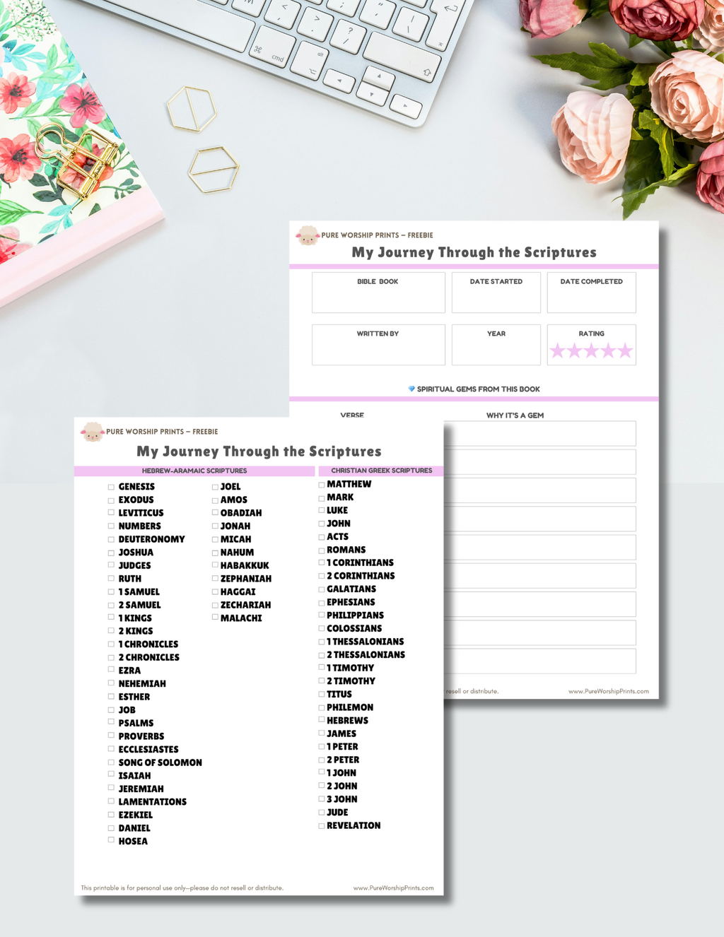 My Journey Through the Scriptures printable pack — 5-page Bible reading checklist, spiritual gems worksheet pages displayed on a desk with flowers and stationery.