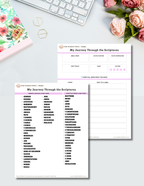 My Journey Through the Scriptures printable pack — 5-page Bible reading checklist, spiritual gems worksheet pages displayed on a desk with flowers and stationery.