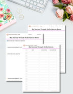 My Journey Through the Scriptures printable pack — 5-page Bible reading tracker, notes sheets, and reflection pages displayed on a desk with flowers and stationery.