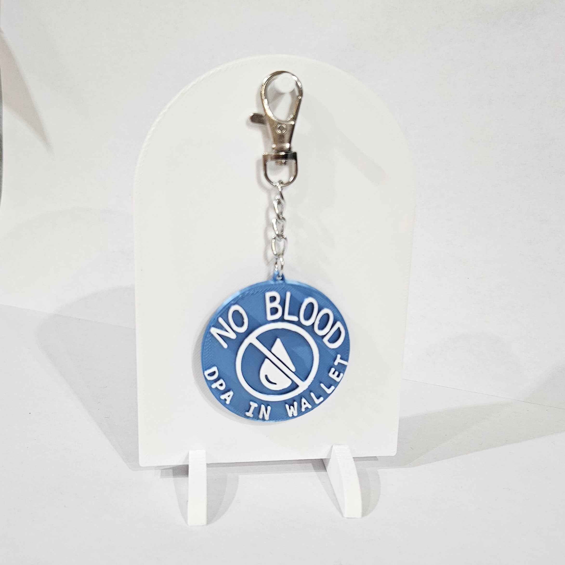 Blue “No Blood – DPA in Wallet” 3D printed keychain, silk finish, lightweight and durable medical ID accessory for JW ministry and everyday use