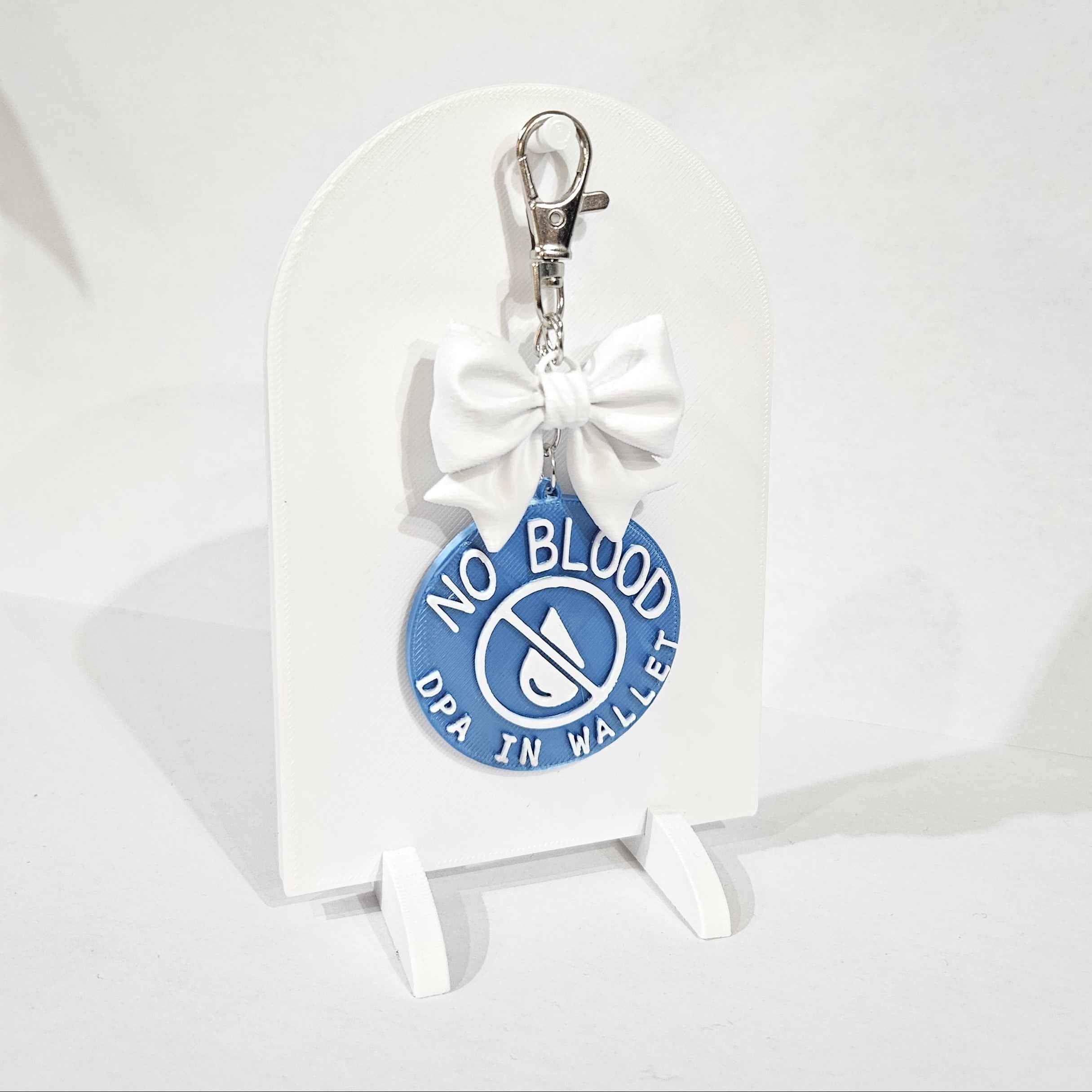 Blue “No Blood – DPA in Wallet” 3D printed keychain with bow, silk finish, lightweight and durable medical ID accessory for JW ministry and everyday use