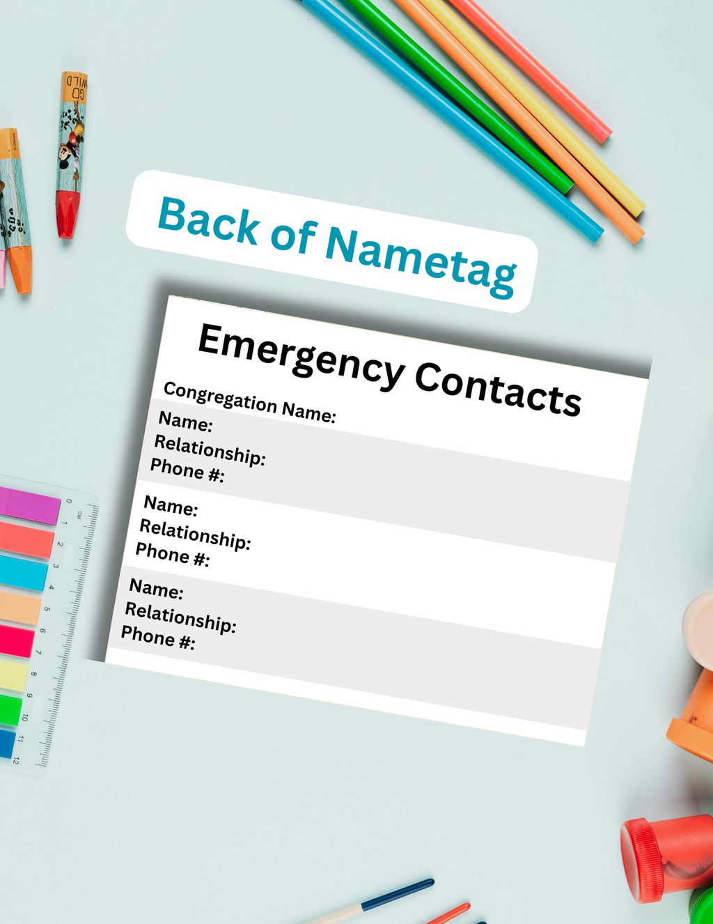 Blue printable kids name tag with “Hello my name is” emergency contact section on the back, sized 3.75 x 3 inches on an 8.5 x 11 PDF sheet