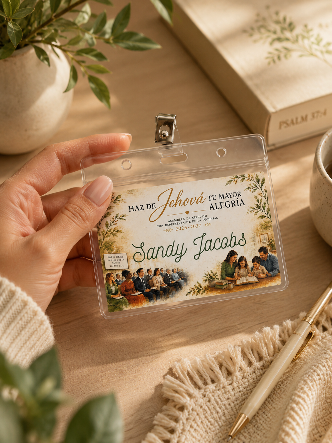 A hand holds a clear plastic ID badge holder with a printed personalized religious name tag that reads 'Sandy Jacobs' and decorative text in Spanish. The scene is styled on a wooden desk with a book, plant, mug, and pen in warm natural light.
