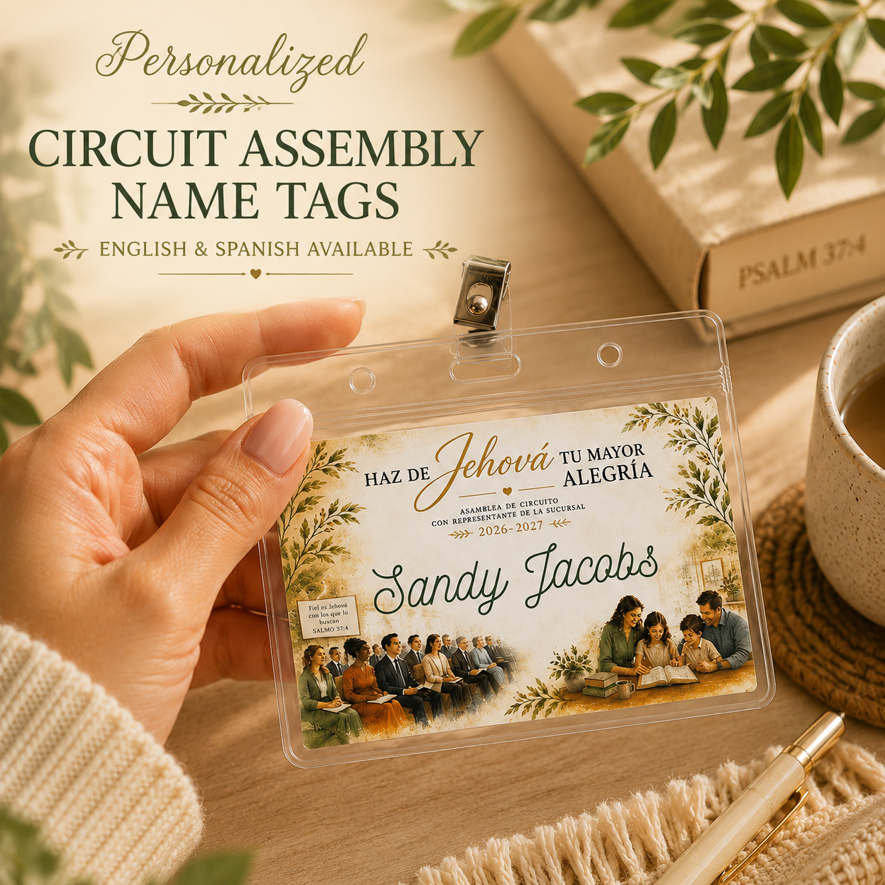 Personalized Circuit Assembly name tag with badge holder and swivel clip for the 2026–2027 Find Exquisite Delight in Jehovah assembly.