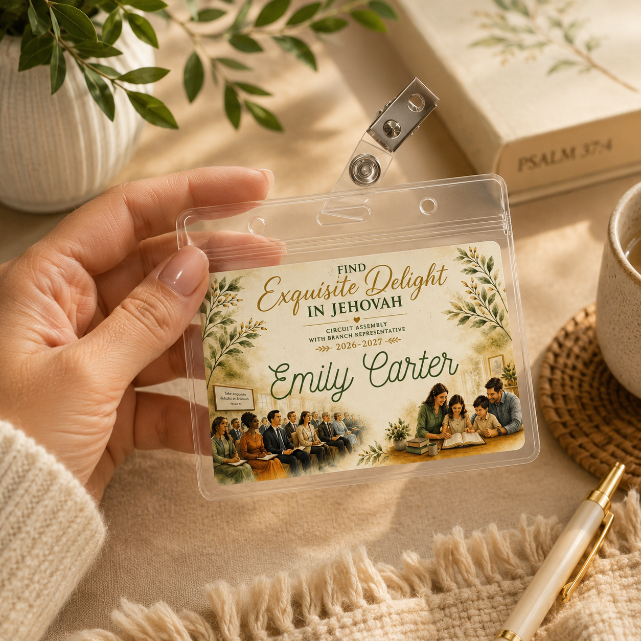 A hand holds a clear plastic ID badge holder with a printed personalized card that reads 'Find Exquisite Delight in Jehovah' and 'Emily Carter,' decorated with botanical illustrations and small group photos. The scene is styled on a beige fabric surface with a mug, pen, book, and plant in the background. Close-up of a personalized Circuit Assembly badge with premium clear holder and swivel clip.