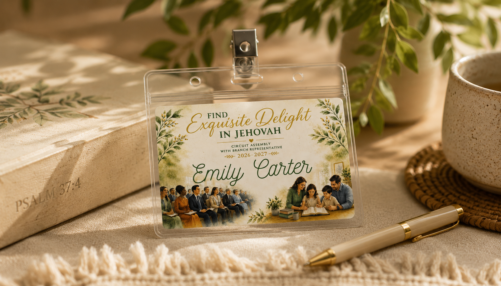 A clear plastic ID badge holder with a personalized religious ID card, styled on a beige textured blanket with a pen, a book, and a ceramic mug in the background. Personalized Circuit Assembly badge with badge holder styled beside notebook, Bible, pen, and coffee. Close-up of a personalized 3.5 x 2 inch Circuit Assembly name tag with premium printed artwork.