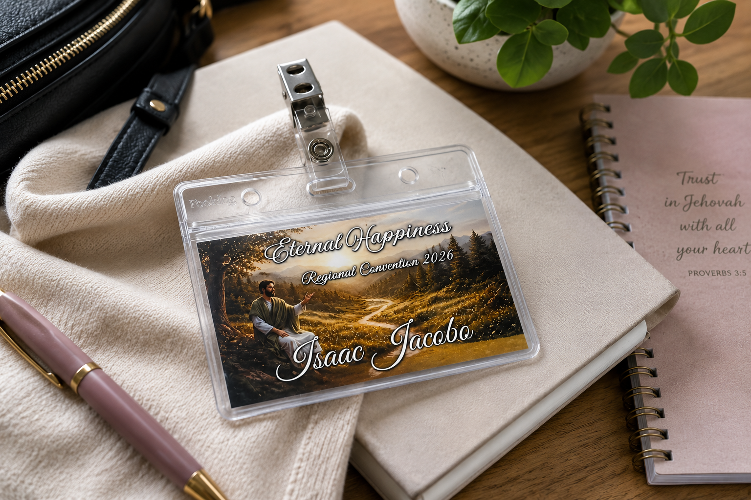 Personalized convention name badge displayed inside a clear badge holder with alligator clip, featuring a custom Eternal Happiness 2026 design.