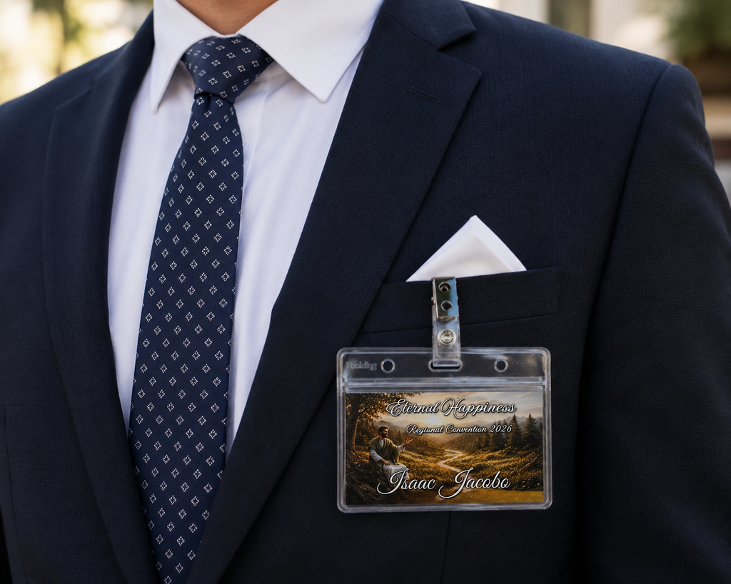 Custom convention name tag with personalized name inside a clear plastic badge holder for regional conventions and assemblies. personalized for men and women.