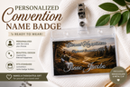 Personalized regional convention badge featuring the Eternal Happiness theme displayed with a badge holder and descriptive text.