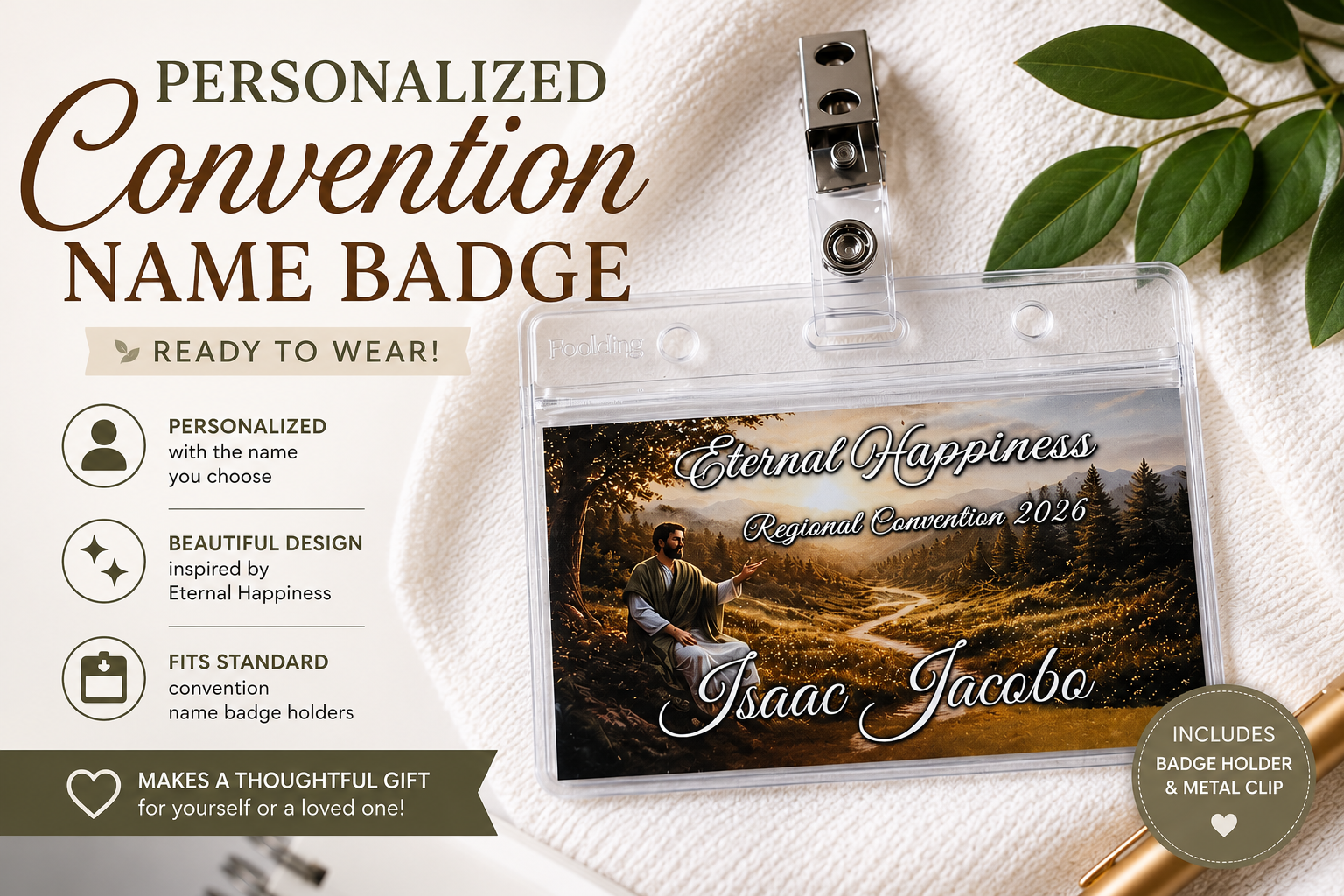 Personalized regional convention badge featuring the Eternal Happiness theme displayed with a badge holder and descriptive text.