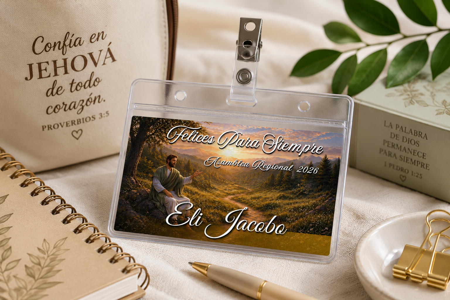 Custom convention name tag with personalized name inside a clear plastic badge holder for regional conventions and assemblies.