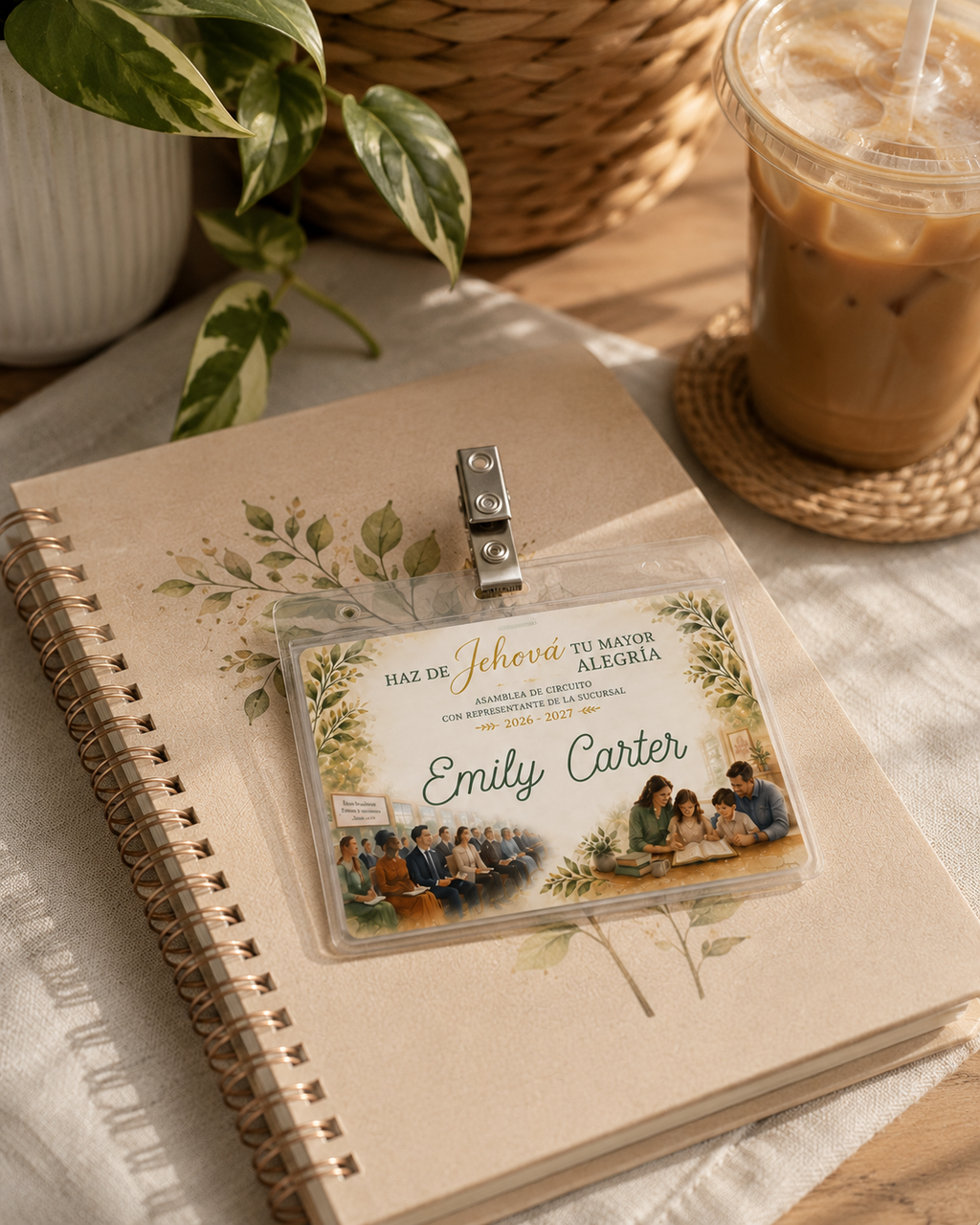 A personalized plastic ID badge clip holding a custom photo ID card, styled on a beige notebook with a metal spiral, next to an iced coffee and green leaves. Personalized Circuit Assembly name tag displayed on a notebook with coffee and neutral desk accessories.
