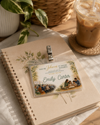 A personalized plastic ID badge clip holding a custom photo ID card, styled on a beige notebook with a metal spiral, next to an iced coffee and green leaves. Personalized Circuit Assembly name tag displayed on a notebook with coffee and neutral desk accessories.