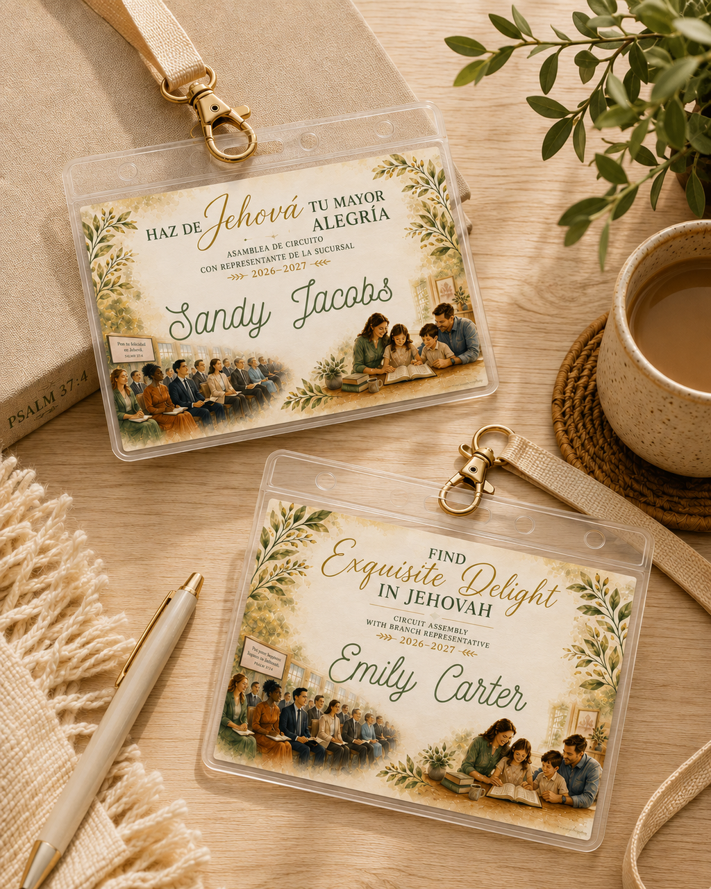Two personalized plastic ID badge keychains with gold clasps, displayed on a light wood tabletop with a book, pen, mug, and plant leaves. The badges feature cream backgrounds with green botanical illustrations and elegant script text. Woman wearing a personalized Circuit Assembly name tag with clear badge holder and clip during the 2026–2027 assembly.