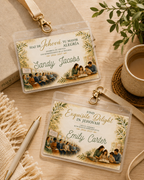 Two personalized plastic ID badge keychains with gold clasps, displayed on a light wood tabletop with a book, pen, mug, and plant leaves. The badges feature cream backgrounds with green botanical illustrations and elegant script text. Woman wearing a personalized Circuit Assembly name tag with clear badge holder and clip during the 2026–2027 assembly.