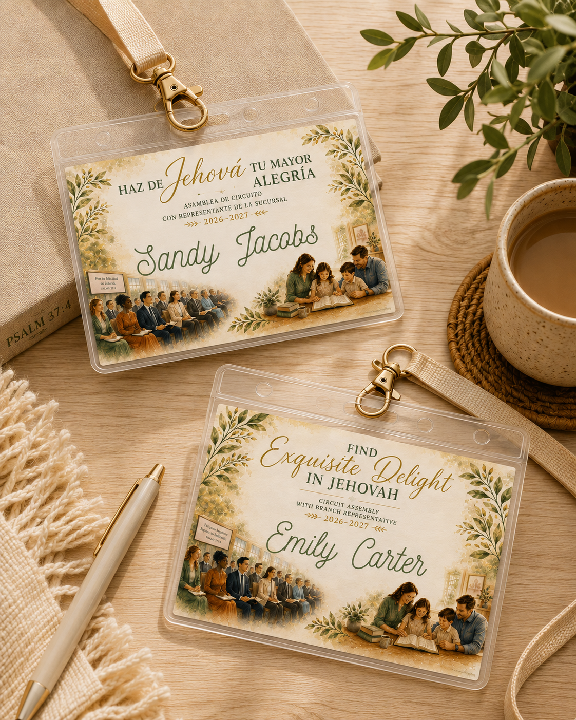 Two personalized plastic ID badge keychains with gold clasps, displayed on a light wood tabletop with a book, pen, mug, and plant leaves. The badges feature cream backgrounds with green botanical illustrations and elegant script text. Woman wearing a personalized Circuit Assembly name tag with clear badge holder and clip during the 2026–2027 assembly.