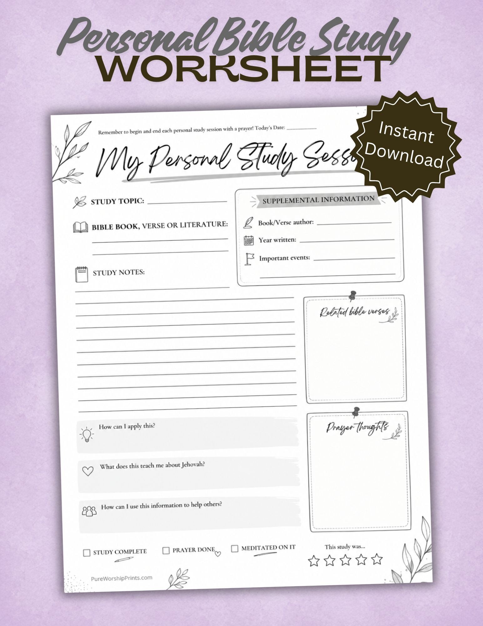 Personal Bible study worksheet PDF printable for JW study, includes space for notes, reflection prompts, spiritual goals, checkboxes for study and prayer, and star rating to track progress
