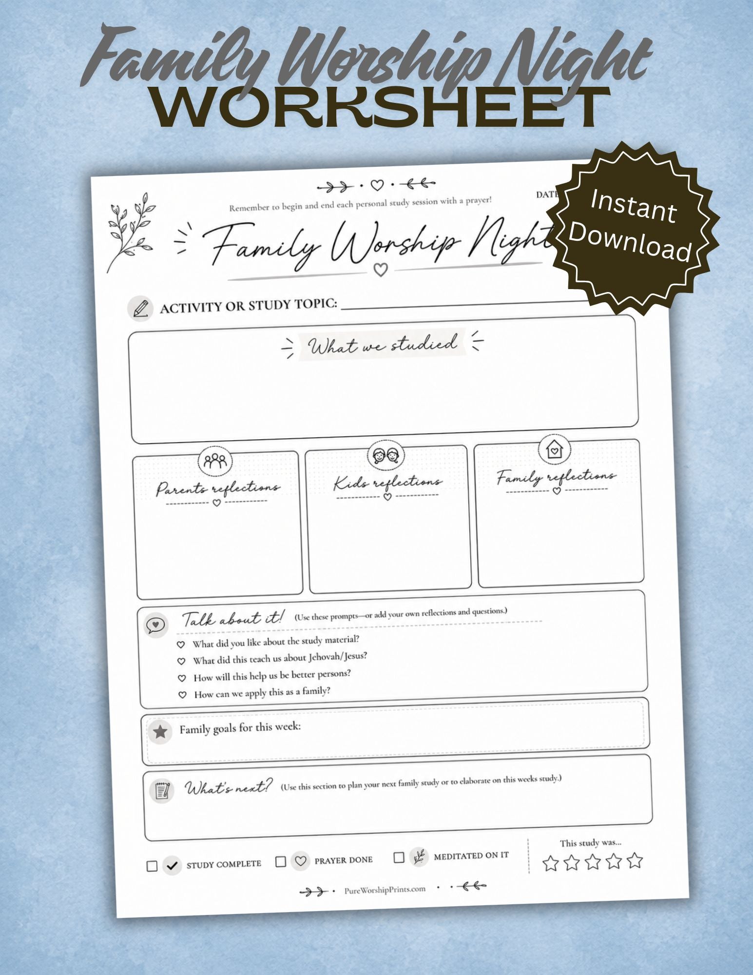 Printable PDF Family Worship Night worksheet for JW families, includes Bible study sections, reflection prompts, discussion questions, weekly spiritual goals, and checkboxes for study and prayer