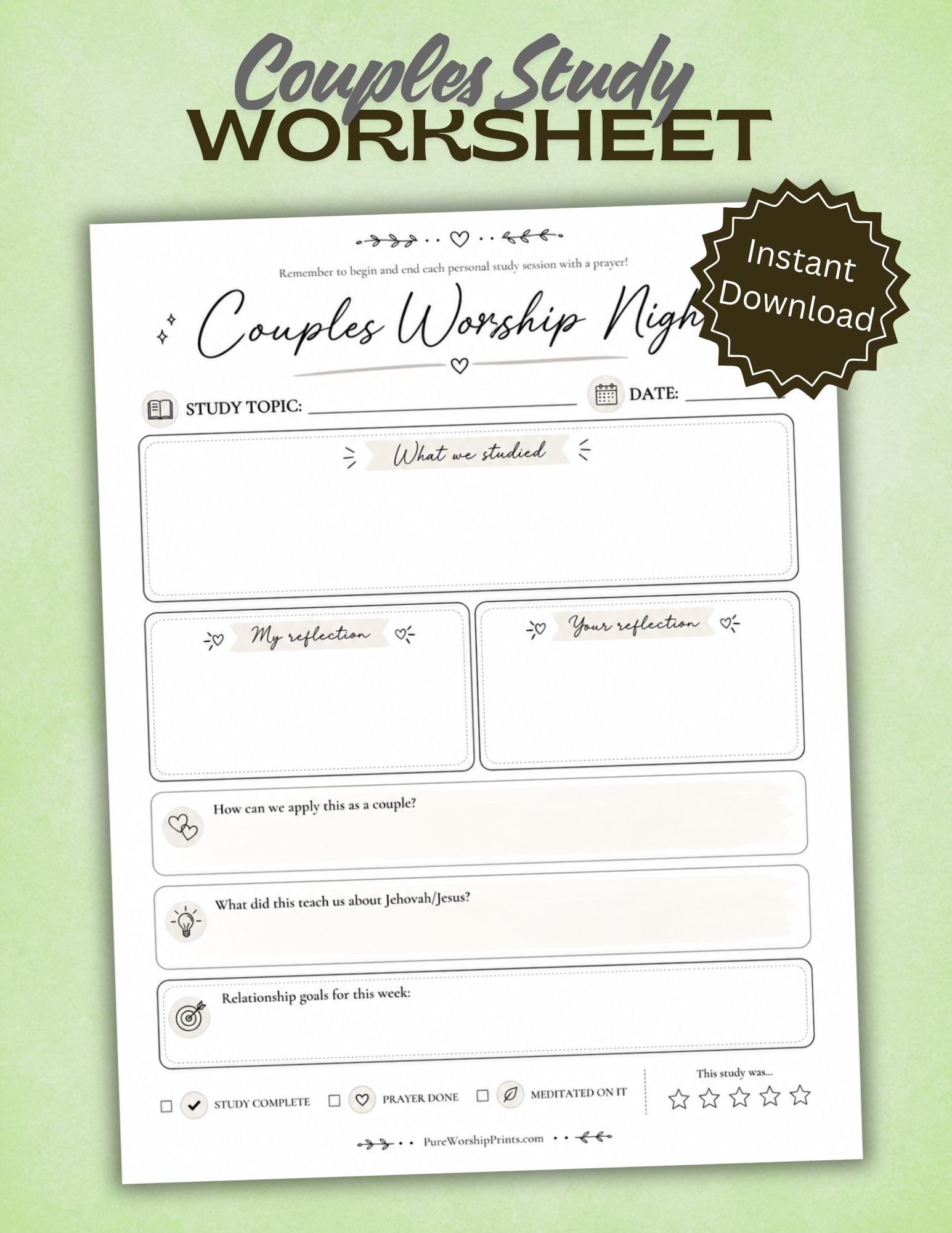 Printable Couples Worship Night worksheet PDF for Christian couples, includes Bible study prompts, reflection sections, weekly goals, and checkboxes for prayer and meditation