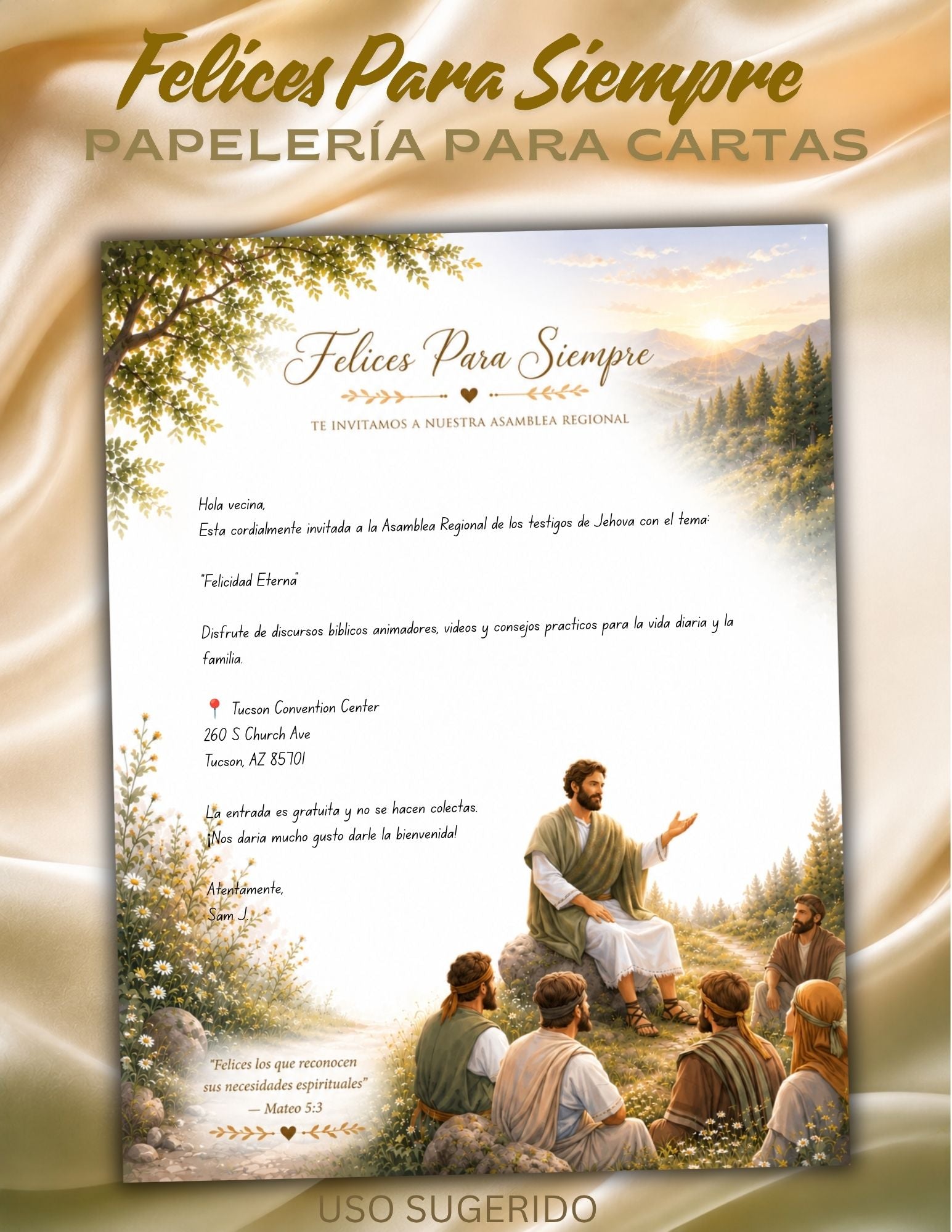 Papel imprimible para cartas inspirado en la Asamblea Regional 2026 “Felices Para Siempre” con estética suave y espacio amplio para escribir.