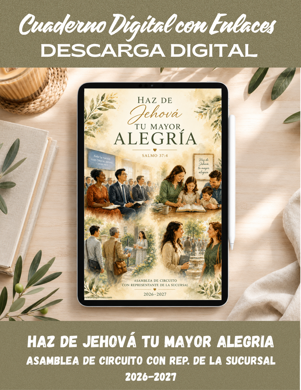 Cuaderno Digital Hipervinculado en español para la Asamblea de Circuito 2026–2027 "Haz de Jehová tu mayor alegría", con pestañas interactivas para una navegación rápida en Goodnotes y aplicaciones compatibles.